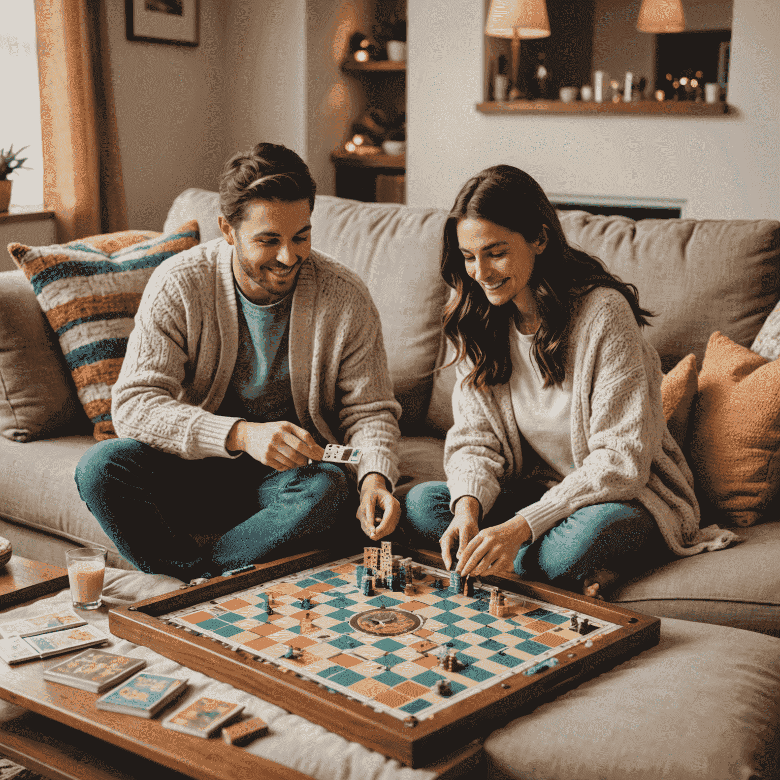 A couple playing a board game on a cozy couch, surrounded by soft pastel pillows and a warm throw blanket. The game board features intricate designs and colorful pieces.