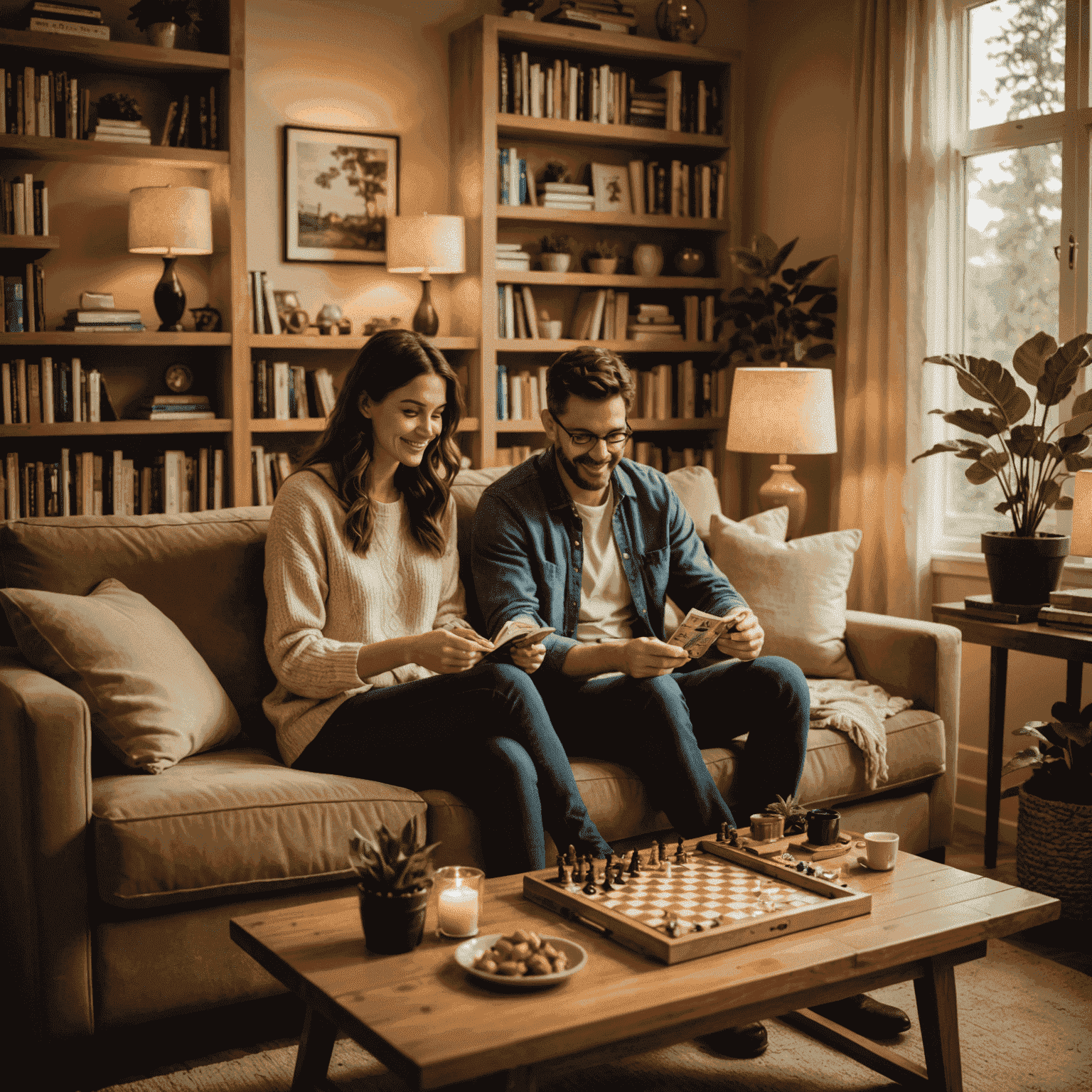 A cozy living room setting with a couple sitting on a plush sofa, enjoying a board game on a wooden coffee table. Soft lighting from table lamps creates a warm ambiance, with bookshelves and plants in the background.