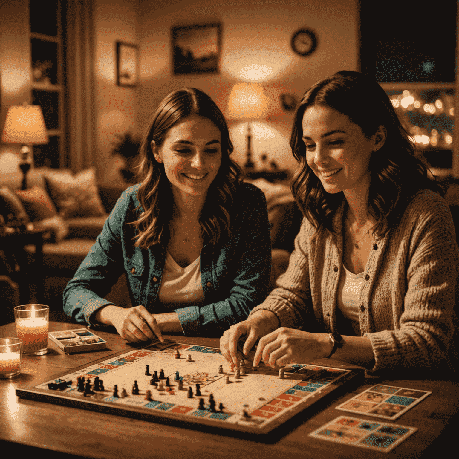 Two people playing a board game on a cozy date night, with soft lighting and warm colors