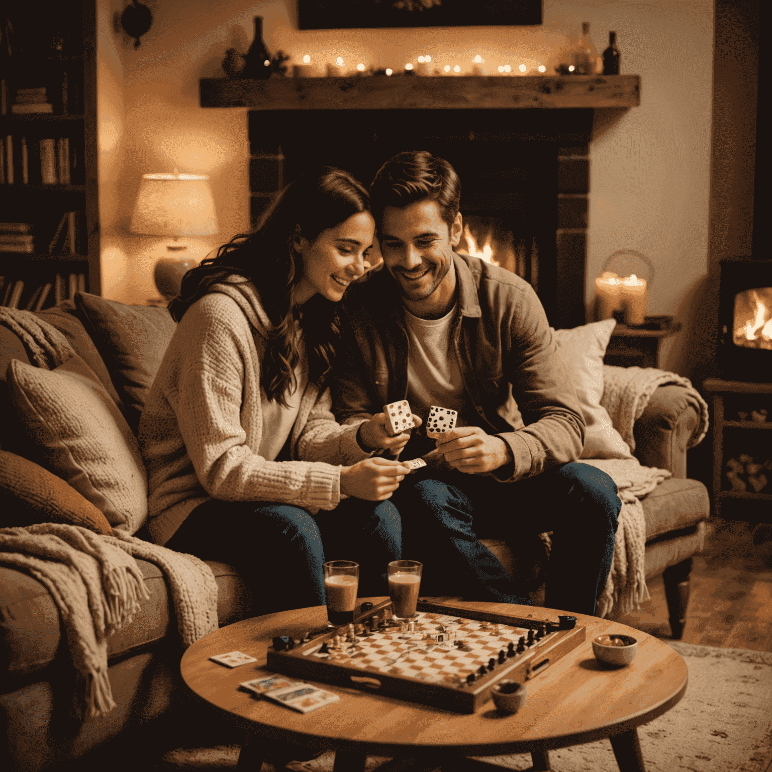 A couple sitting on a cozy couch, surrounded by soft pillows and blankets, playing a board game on a coffee table. Warm, dim lighting and a fireplace in the background create a romantic atmosphere.