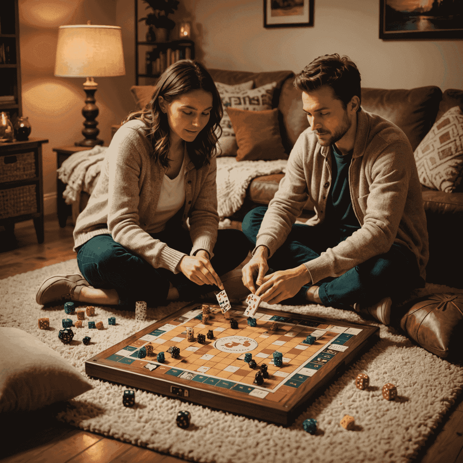 A cozy scene of two people playing a board game on a plush rug, surrounded by soft pillows and warm lighting. The game board shows a mix of dice and strategy pieces, symbolizing the balance between luck and skill.