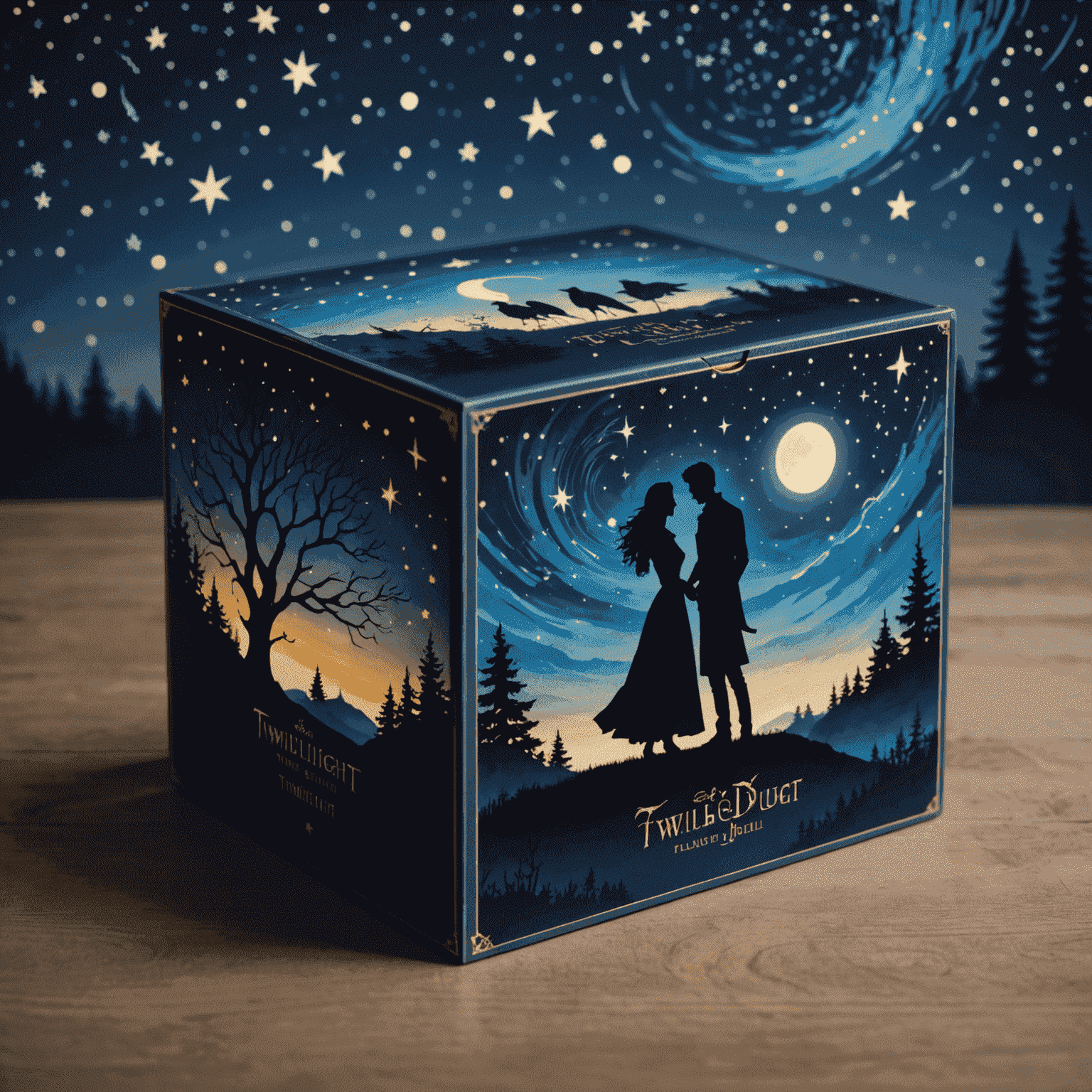 A beautifully designed box of 'Twilight Duel', featuring two silhouettes facing each other against a starry night sky background