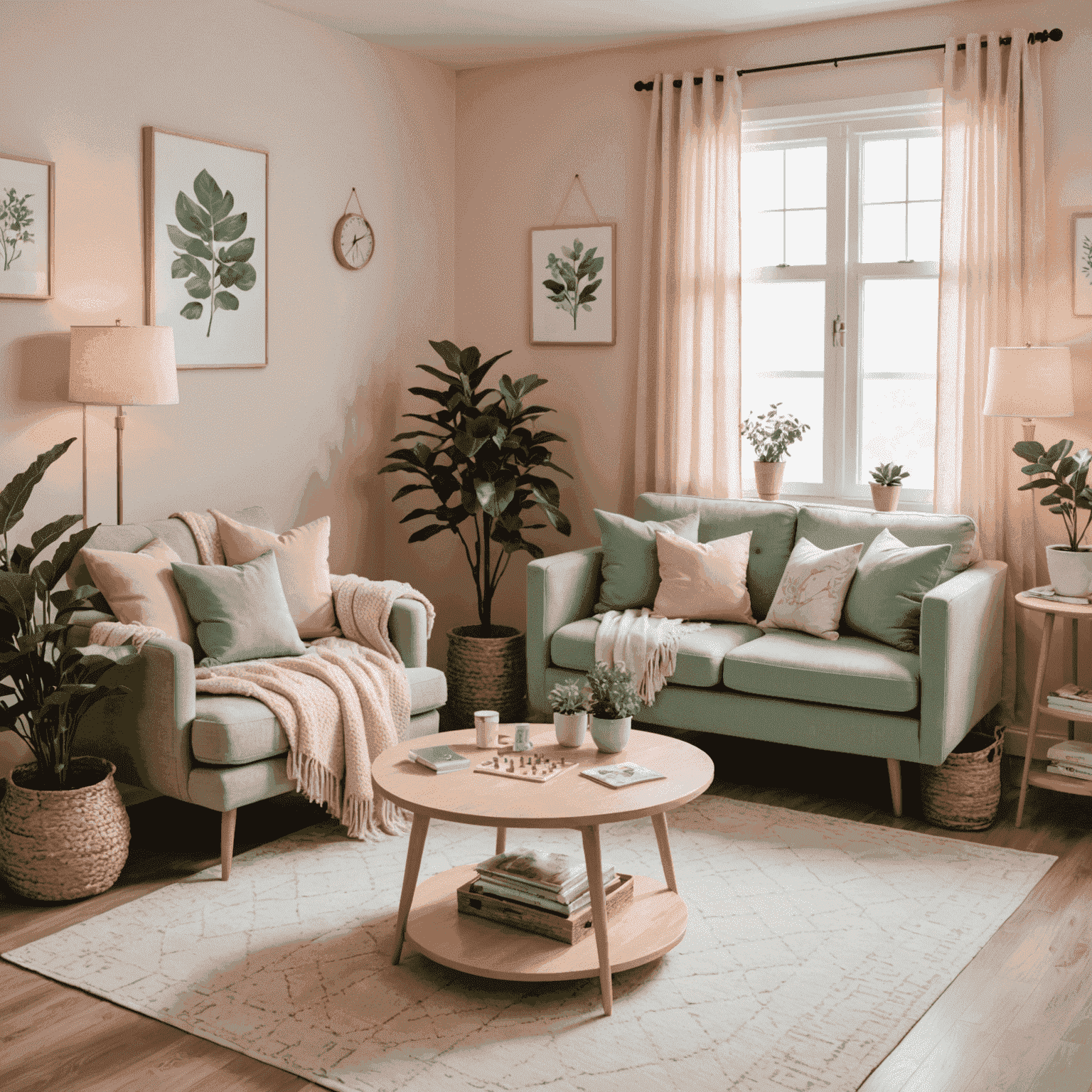 A cozy living room setup with a small table, two comfortable chairs, soft lighting, and a selection of board games for two players. The room has pastel-colored decor, including blush pink throw pillows and a mint green plant in the corner.