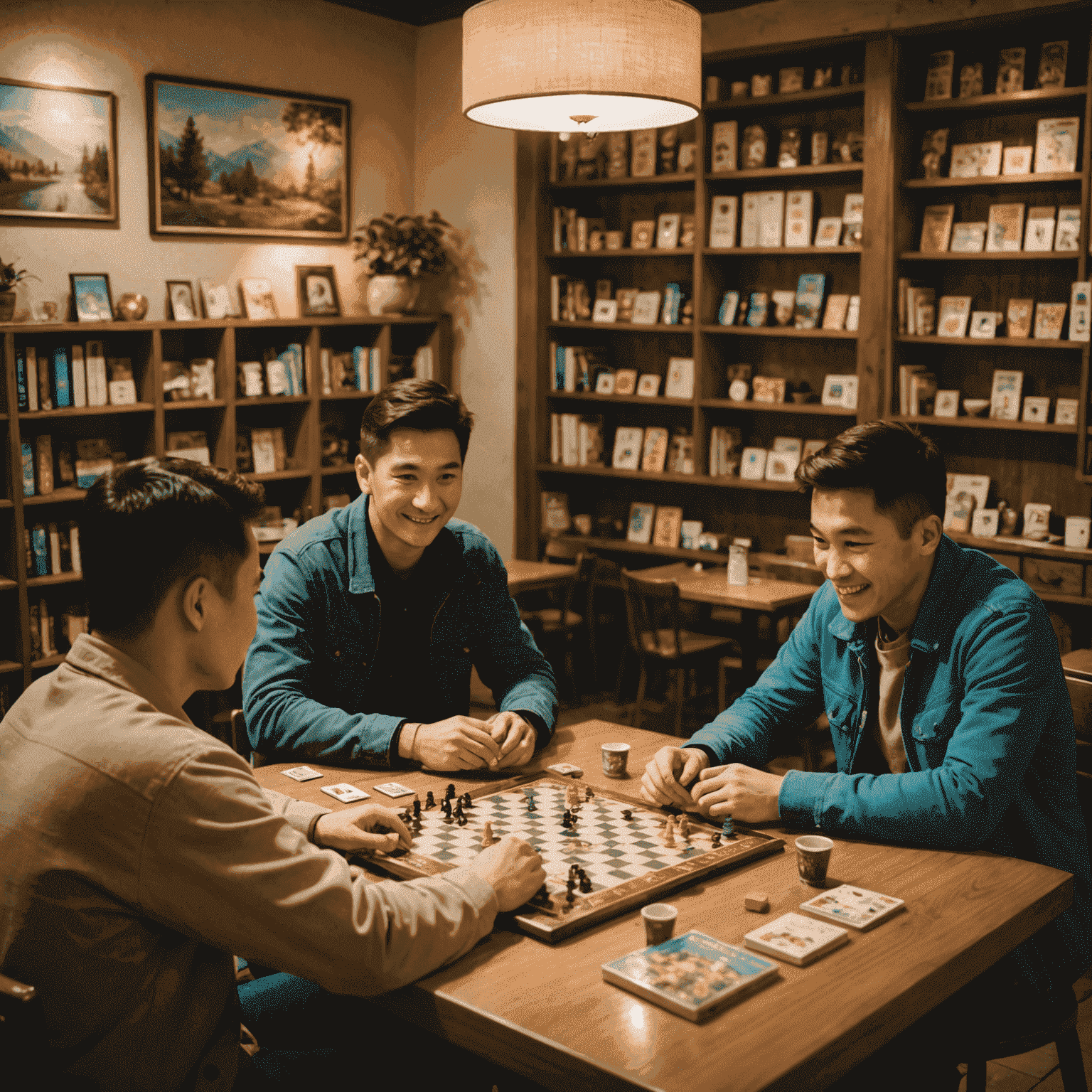 A cozy cafe in Bishkek with people playing board games. Soft lighting illuminates smiling faces as they engage in strategy games. Pastel-colored game boxes are visible on nearby shelves.