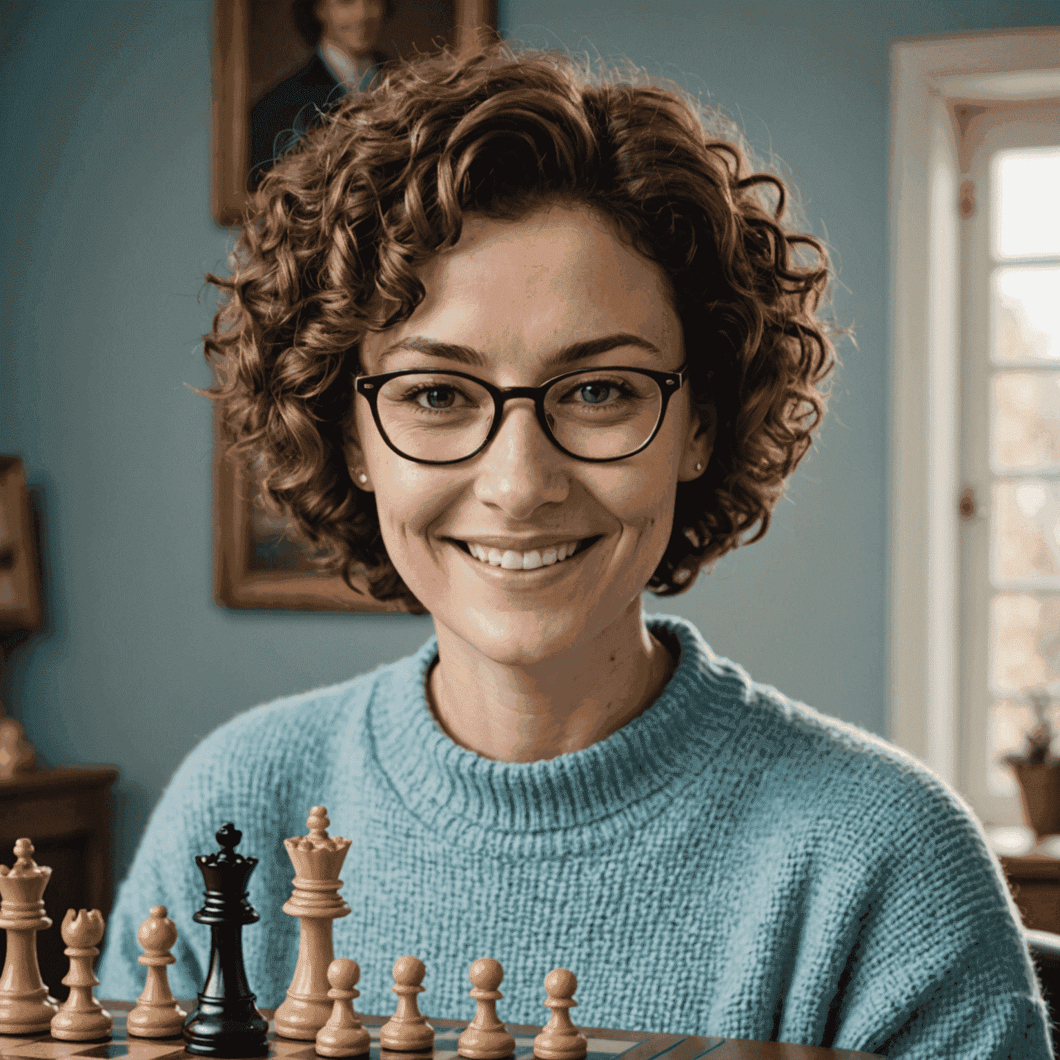 A smiling woman with short curly hair and glasses, wearing a pastel blue sweater, holding a chess piece