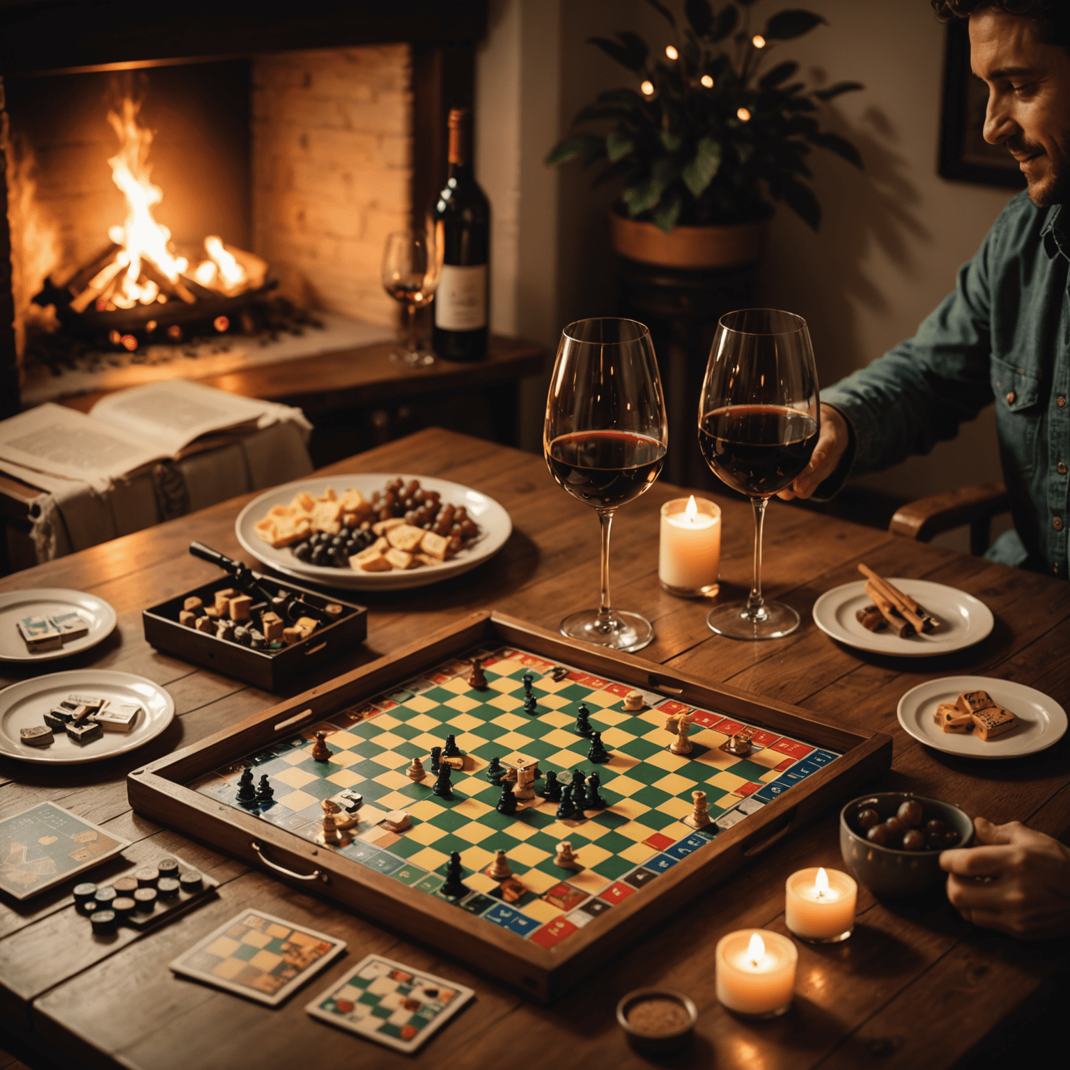 Various two-player board games set up on a cozy table with soft lighting, candles, and two glasses of wine, creating a romantic atmosphere for a date night at home.