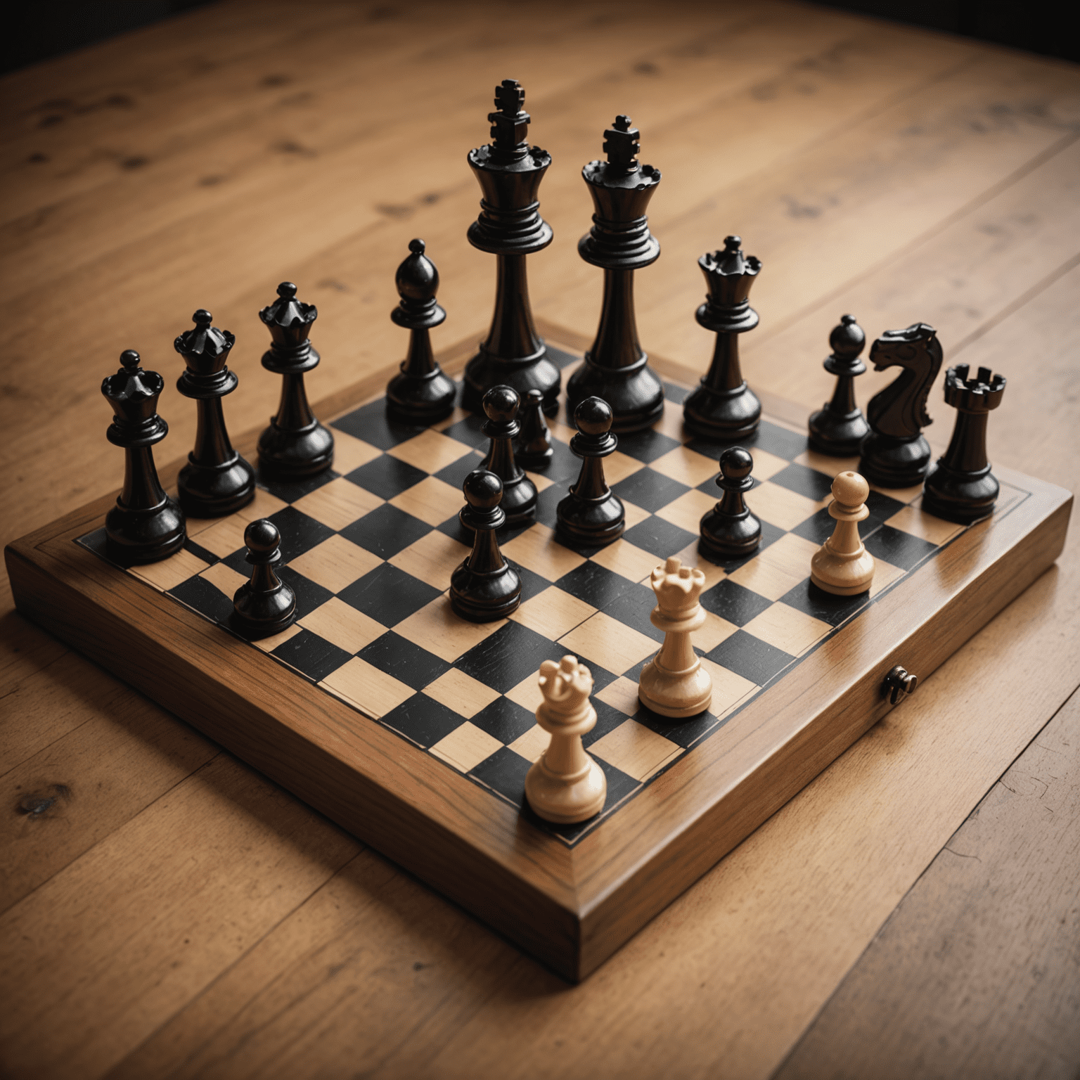 A balanced scale with chess pieces on one side and dice on the other, representing strategy vs luck in board games
