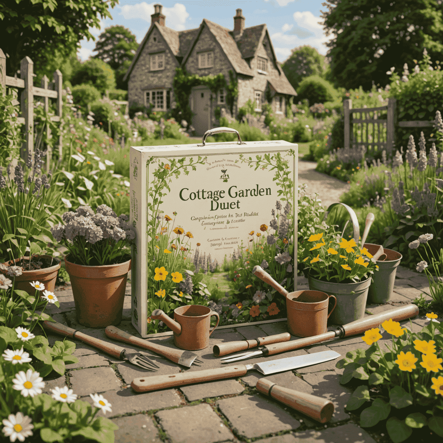 The game box of 'Cottage Garden Duet', showing a lush garden scene with two gardening tools crossed in the foreground