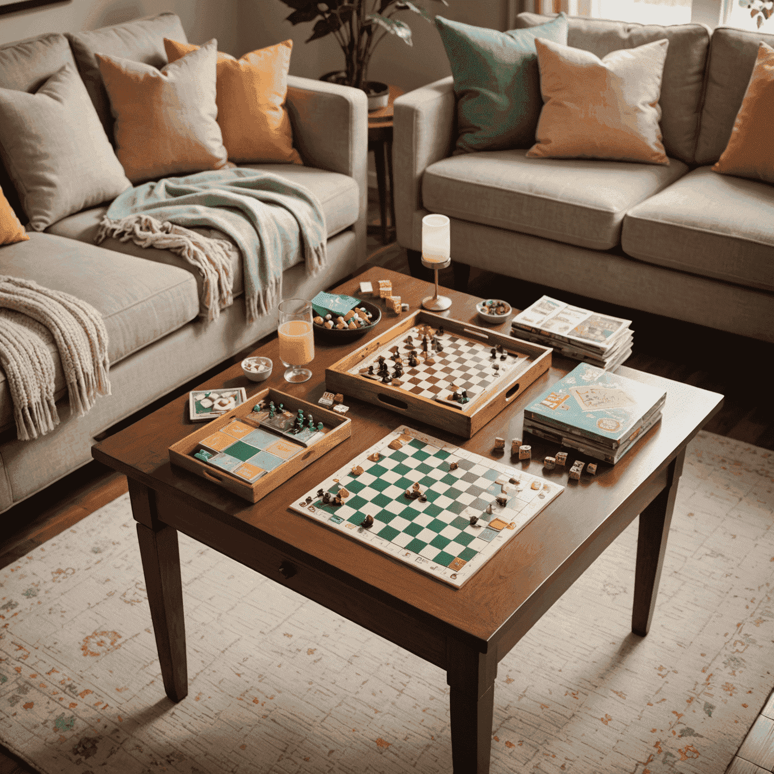 A close-up of a game table set up for two, featuring comfortable seating with pastel throw pillows, a warm lamp, and a selection of board games for two players neatly arranged.