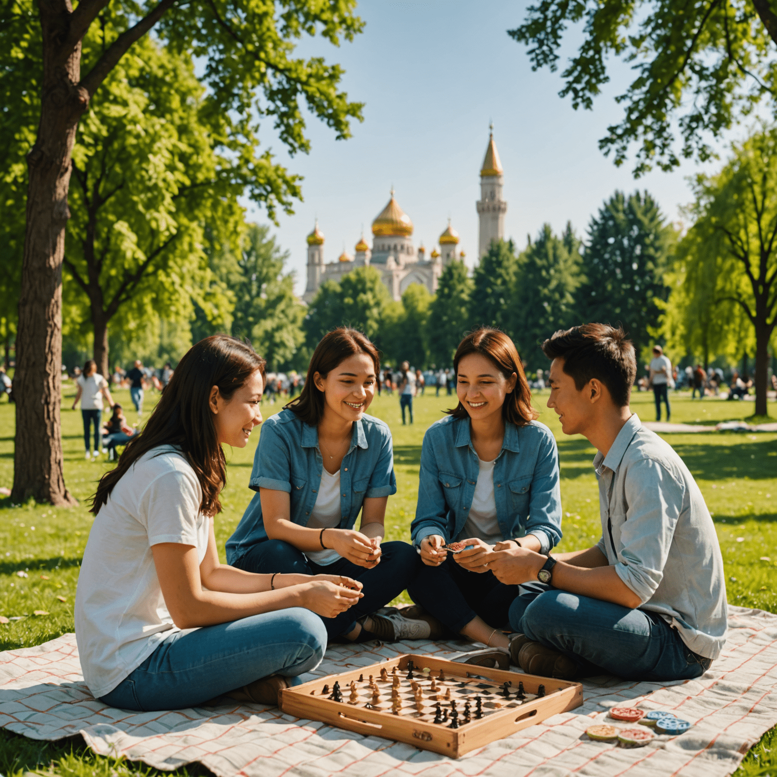A diverse group of people enjoying board games in a park in Bishkek. Young couples and friends are seated on picnic blankets, engrossed in various two-player board games. The scene is bathed in soft, warm sunlight, with the city skyline visible in the background.