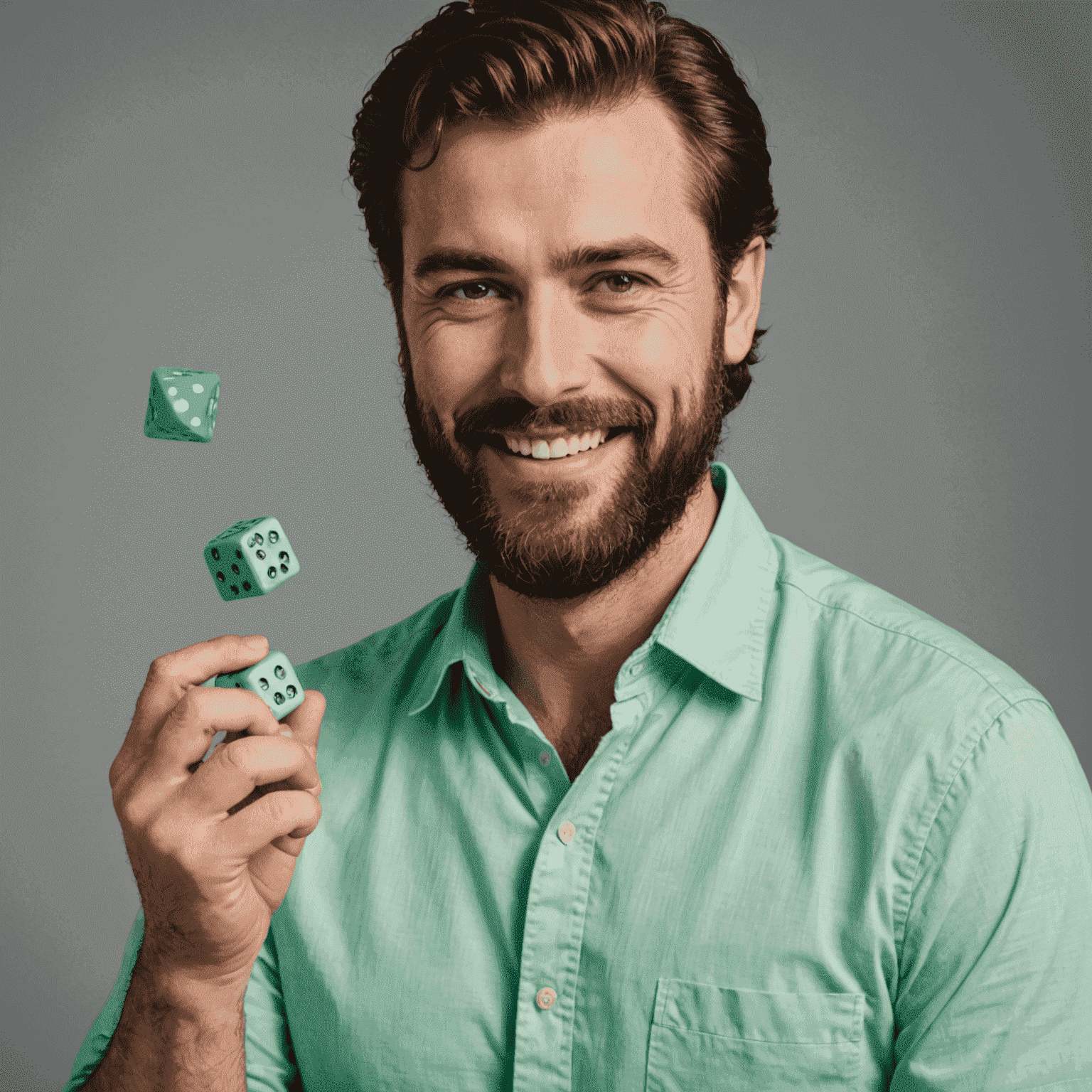 A bearded man with a friendly smile, wearing a mint green shirt, holding a pair of dice