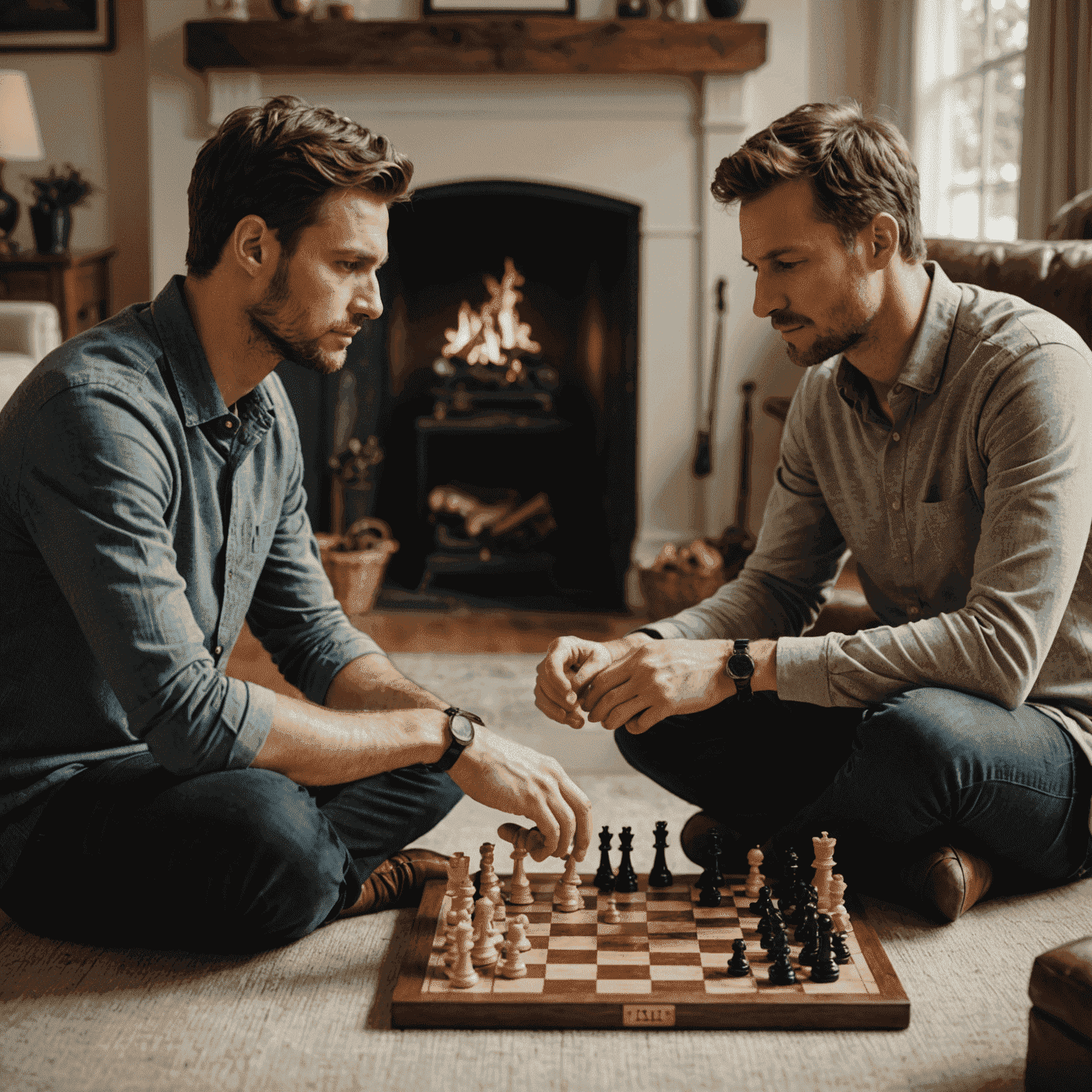 A split image showing a chess board representing strategy on one side and dice representing luck on the other, with two players contemplating their next move in a cozy living room setting.