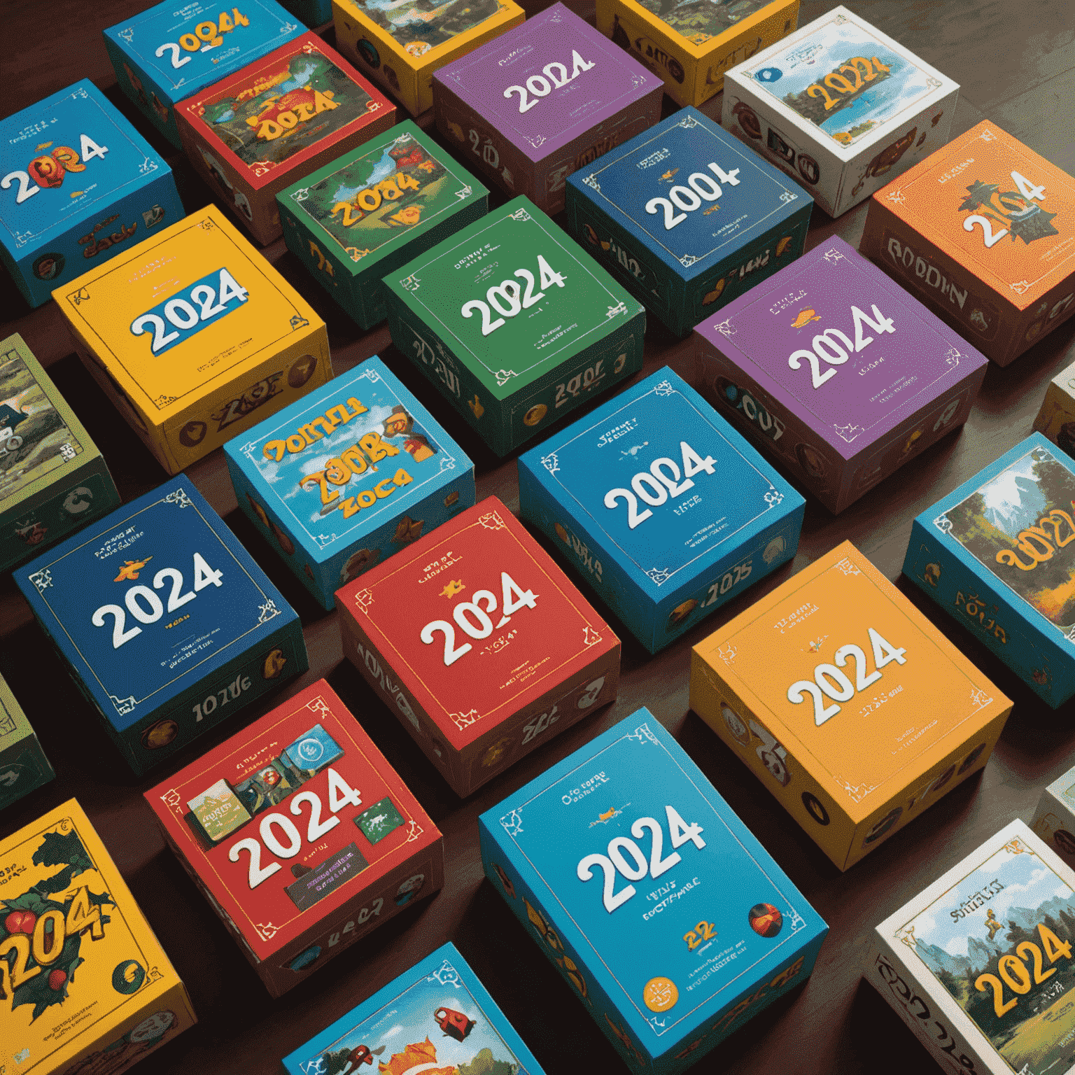 A collection of new, colorful board game boxes with '2024' prominently displayed