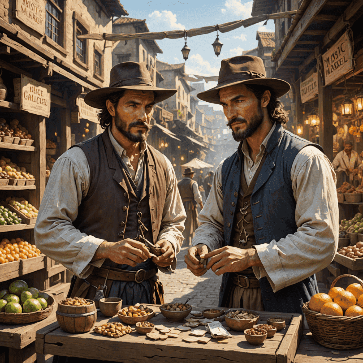 'Mystic Market Duel' game box featuring two merchant characters haggling over magical items in a fantastical marketplace