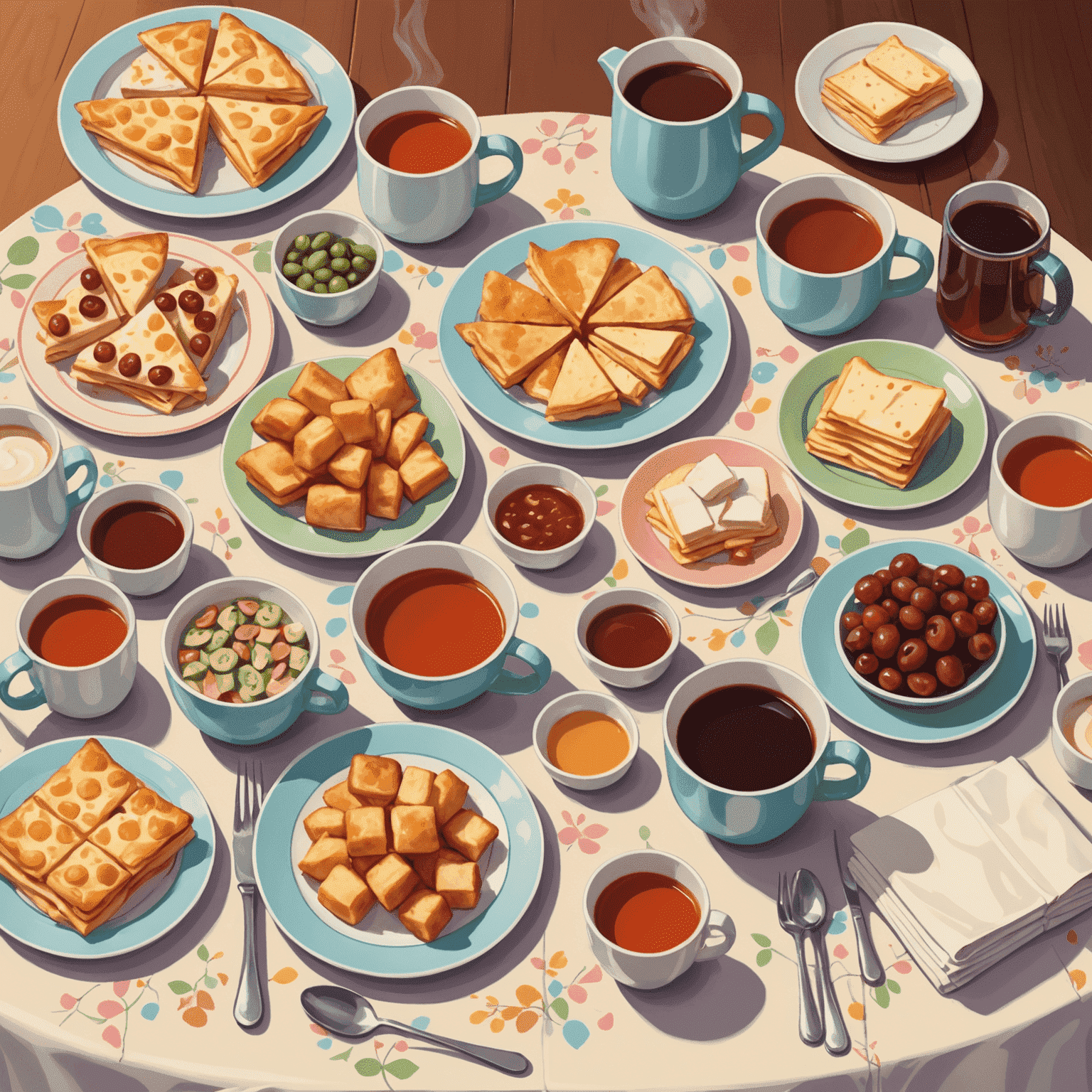 A beautifully arranged game night snack spread featuring finger foods, pastel-colored plates and napkins, and two steaming mugs of tea, all set on a soft cream-colored tablecloth.