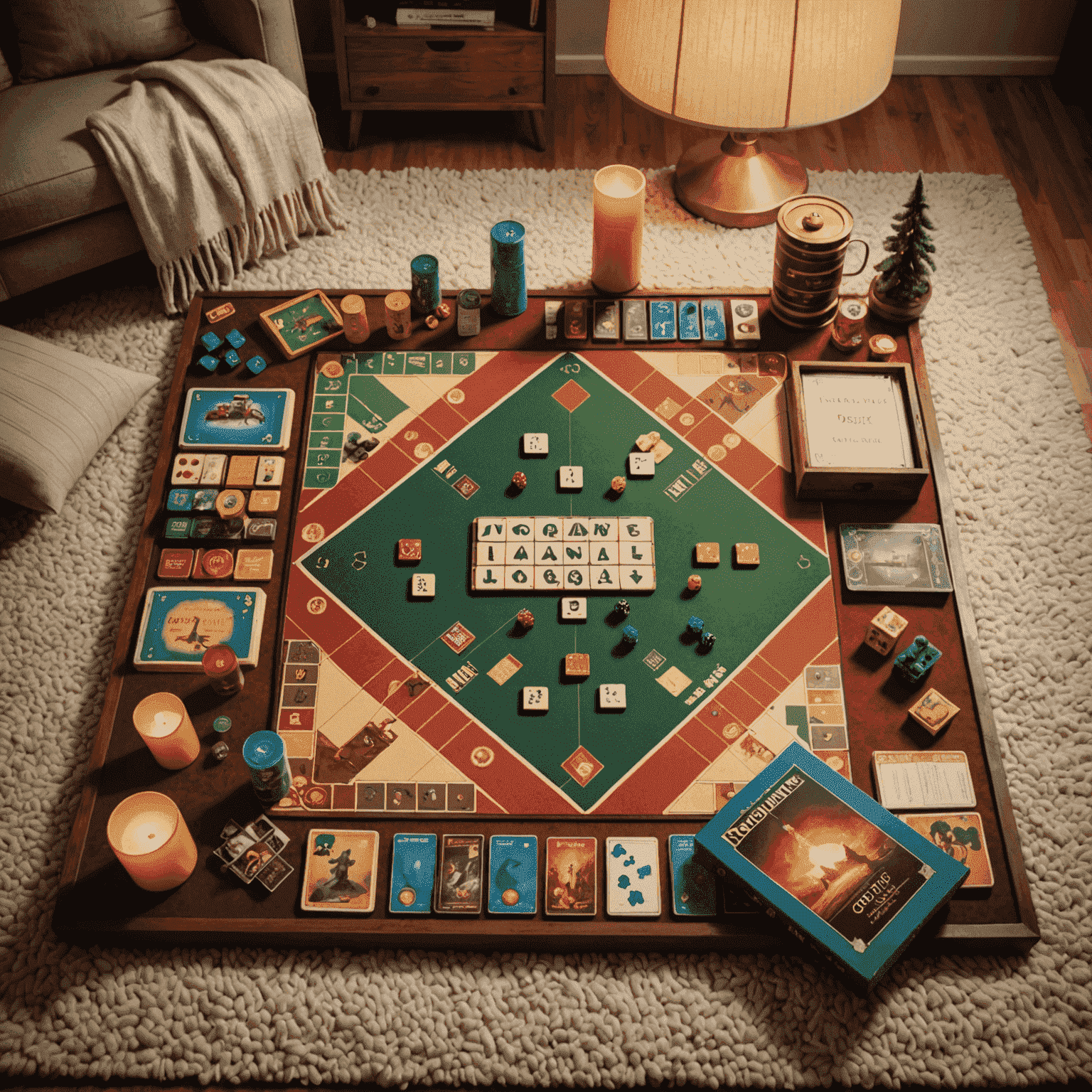 A collection of newly released two-player board games from 2024 arranged on a plush carpet, with soft throw pillows and a warm lamp creating an inviting atmosphere for game night.