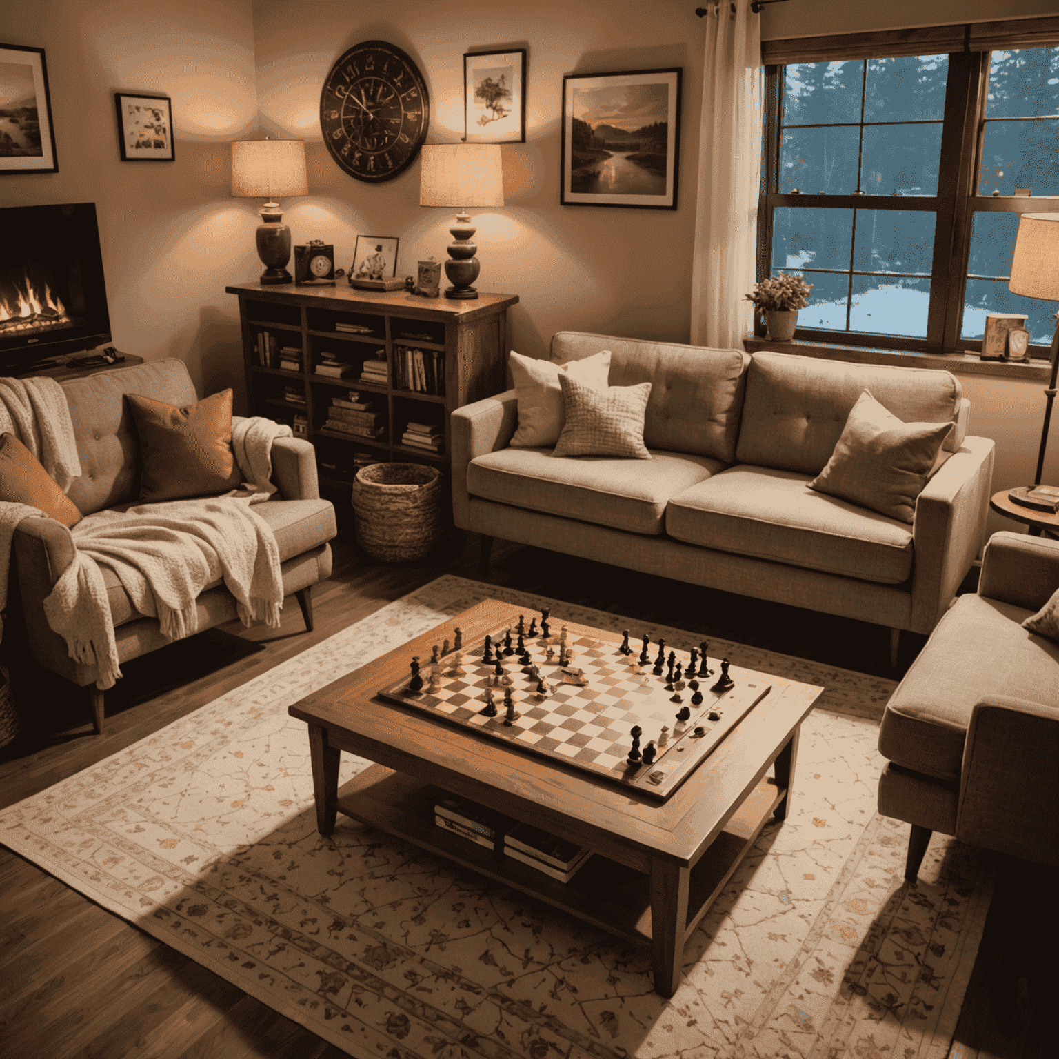 A cozy living room setup with soft lighting, comfortable seating, and a board game ready on a coffee table