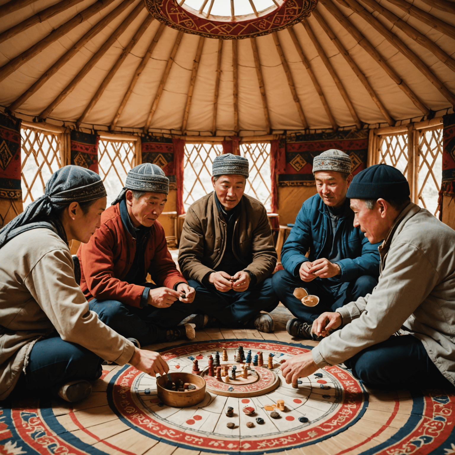 A group of people playing board games in a Kyrgyz-style yurt, with traditional patterns and modern games visible